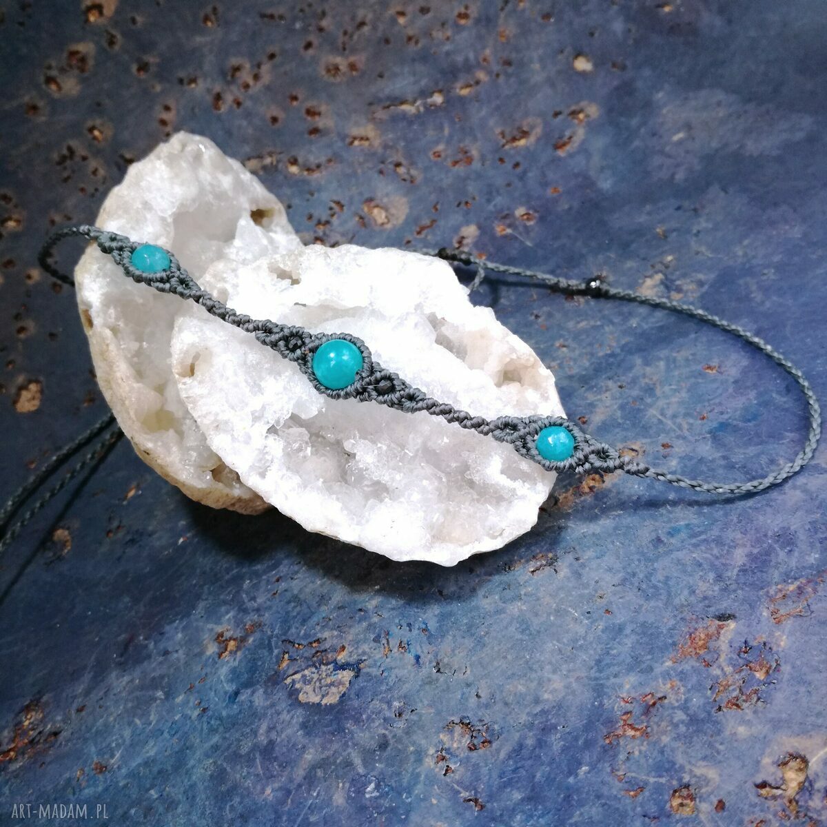 Komplet "Trio" z amazonitem i agatem w mikromakrama (bransoletka i choker)