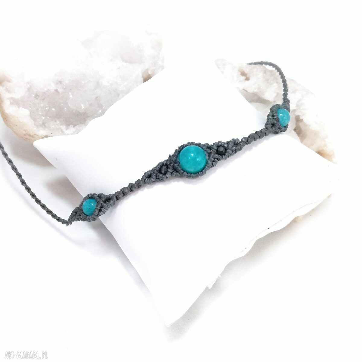 TRIO: naszyjnik choker z amazonitem i agatem w mikromakramie