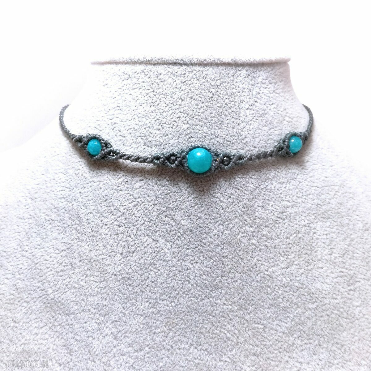 TRIO: naszyjnik choker z amazonitem i agatem w mikromakramie