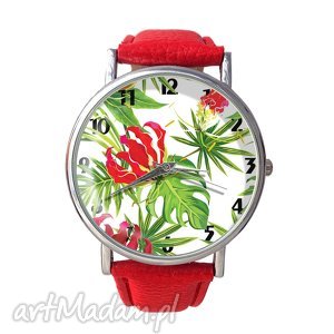 tropikalne kwiaty - skórzany zegarek z dużą tarczą