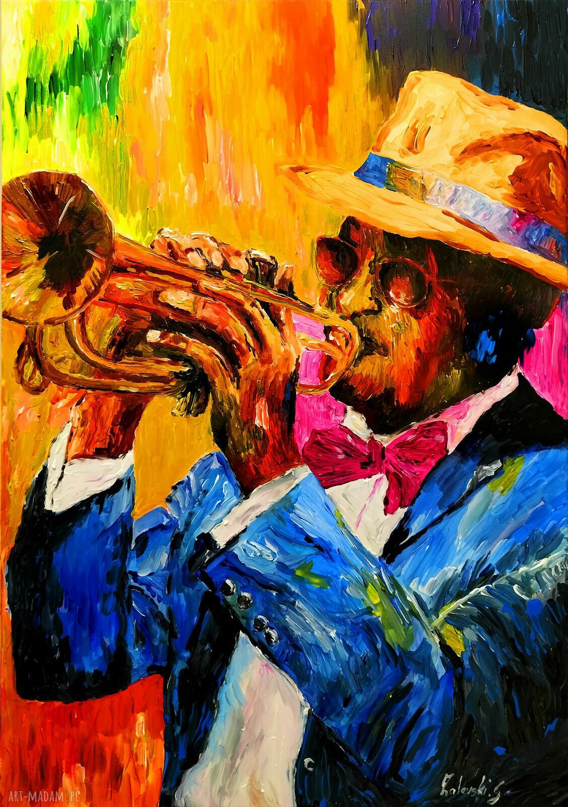 Trumpeter - duży obraz na płótnie 100x70 cm (jazz), ręcznie malowany akrylem