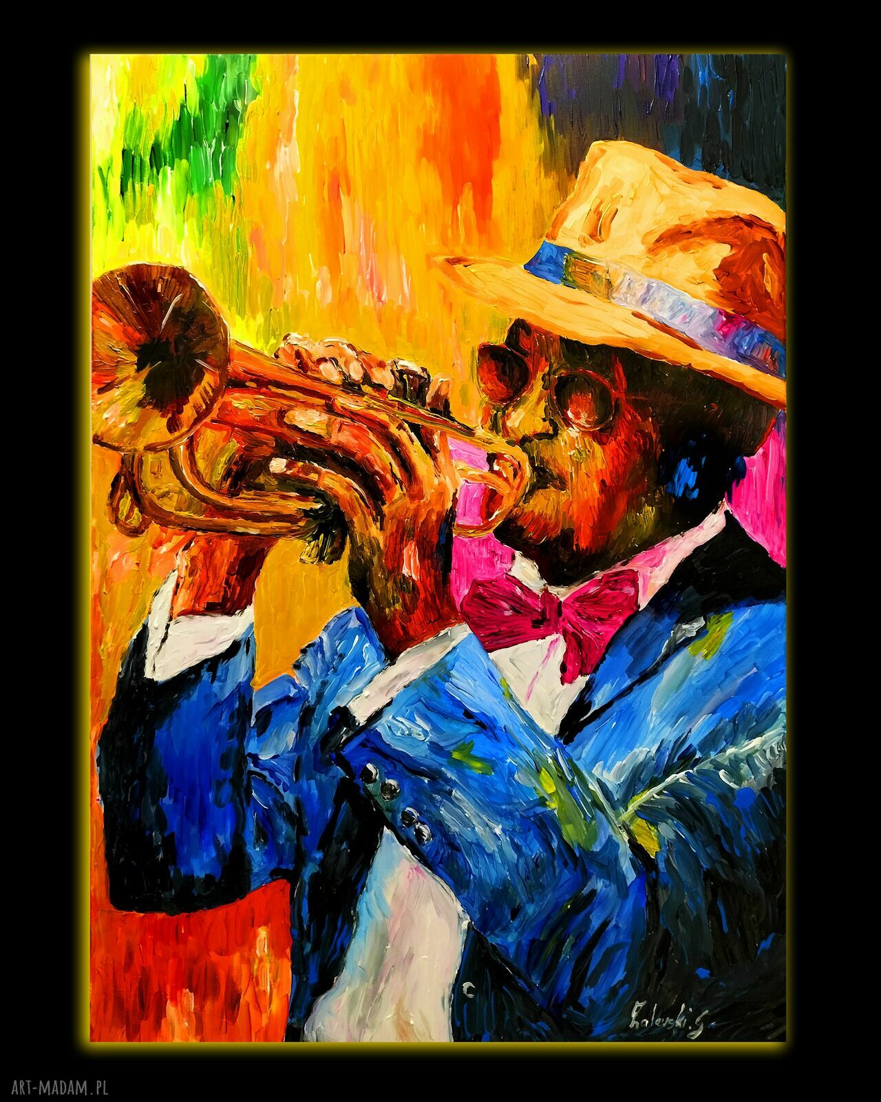 Trumpeter - duży obraz na płótnie 100x70 cm jazz, ręcznie malowany akrylem