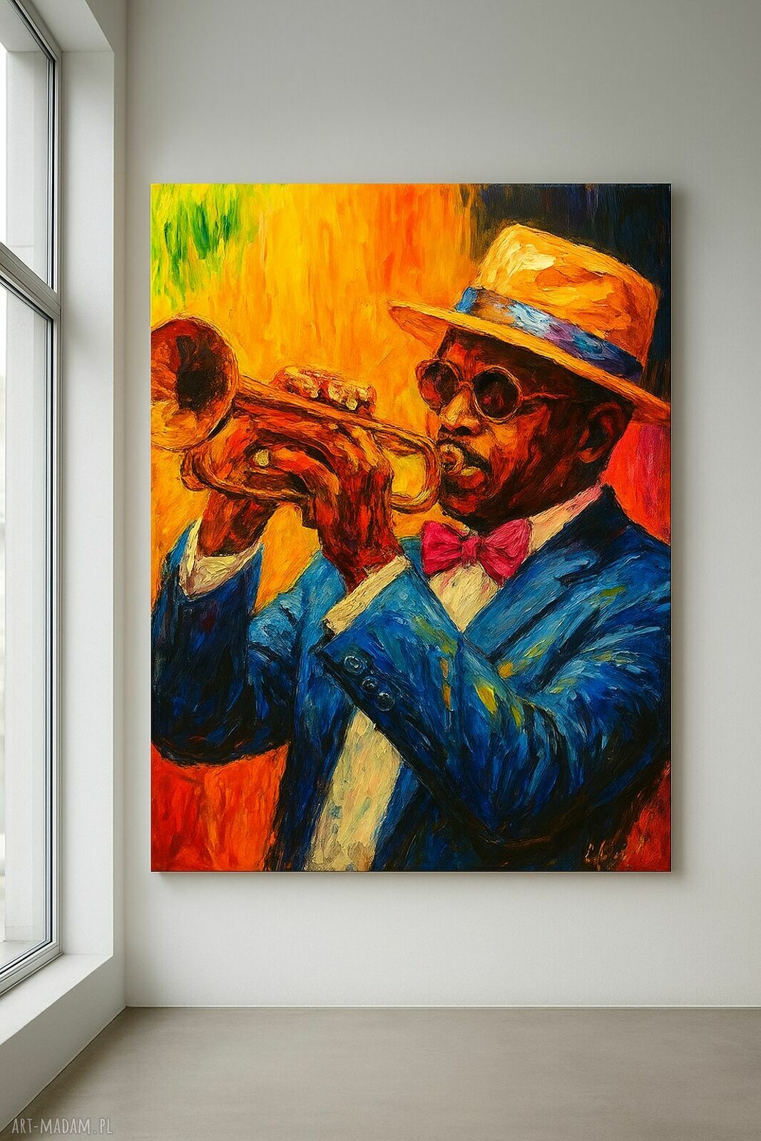 Trumpeter - duży obraz na płótnie 100x70 cm (jazz), ręcznie malowany akrylem