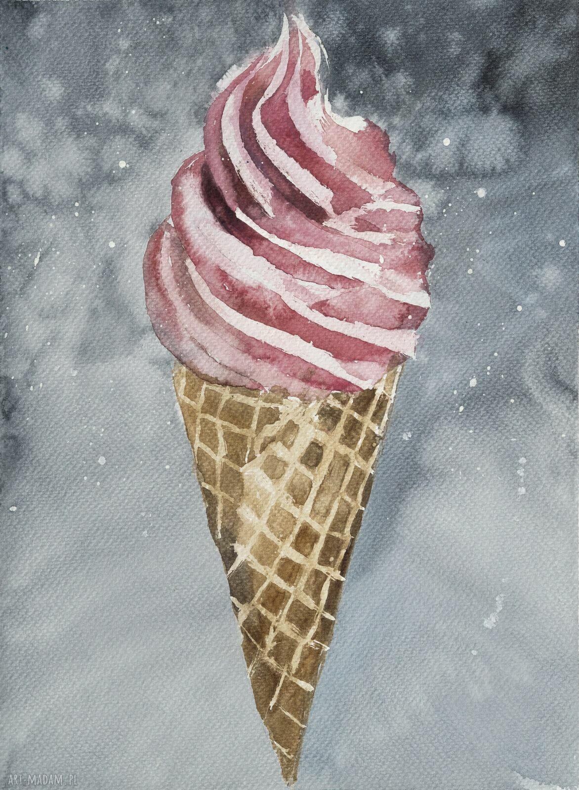 Truskawkowe lody - ręcznie malowana akwarela z passe-partout