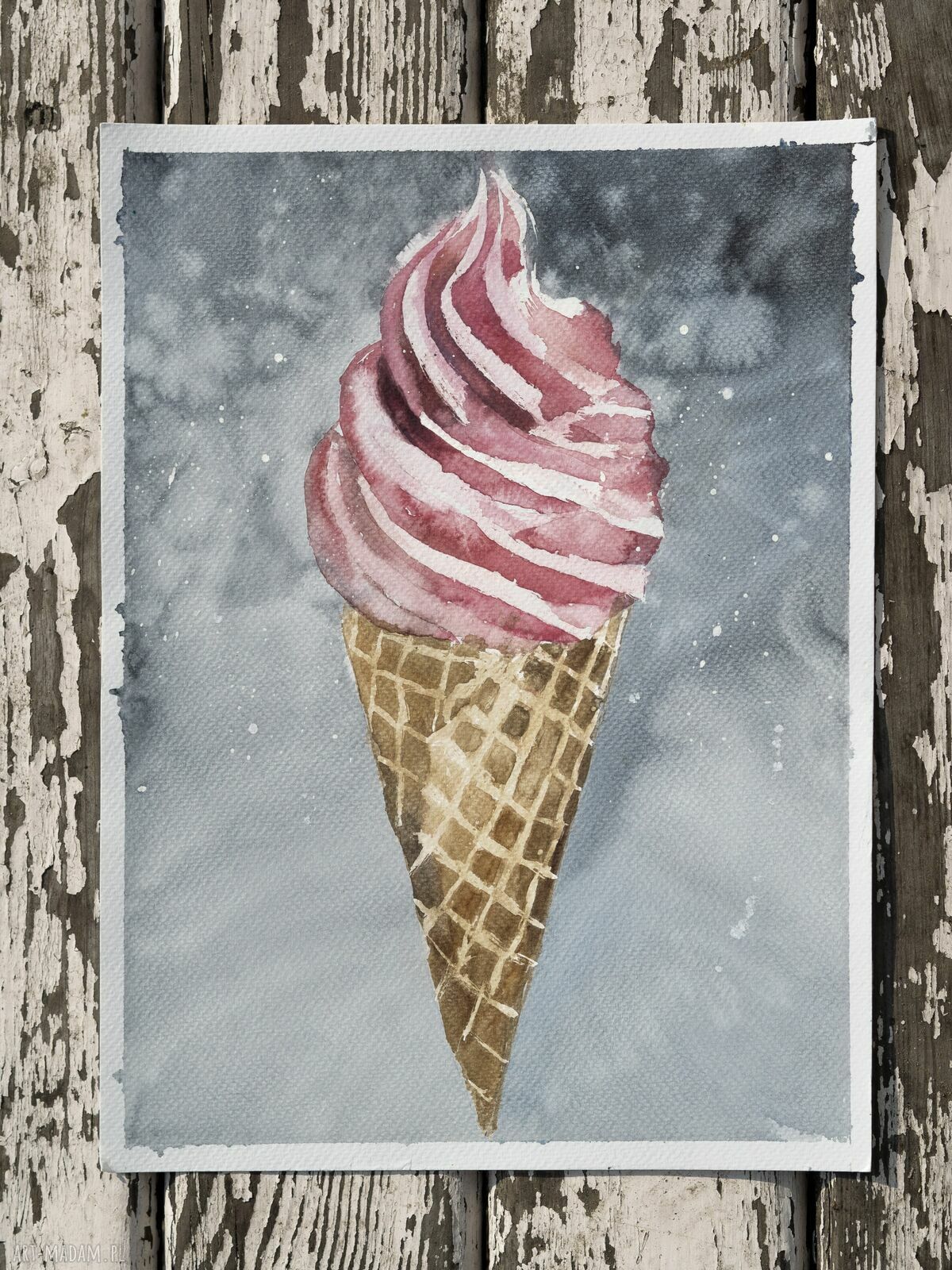 Truskawkowe lody - ręcznie malowana akwarela z passe-partout