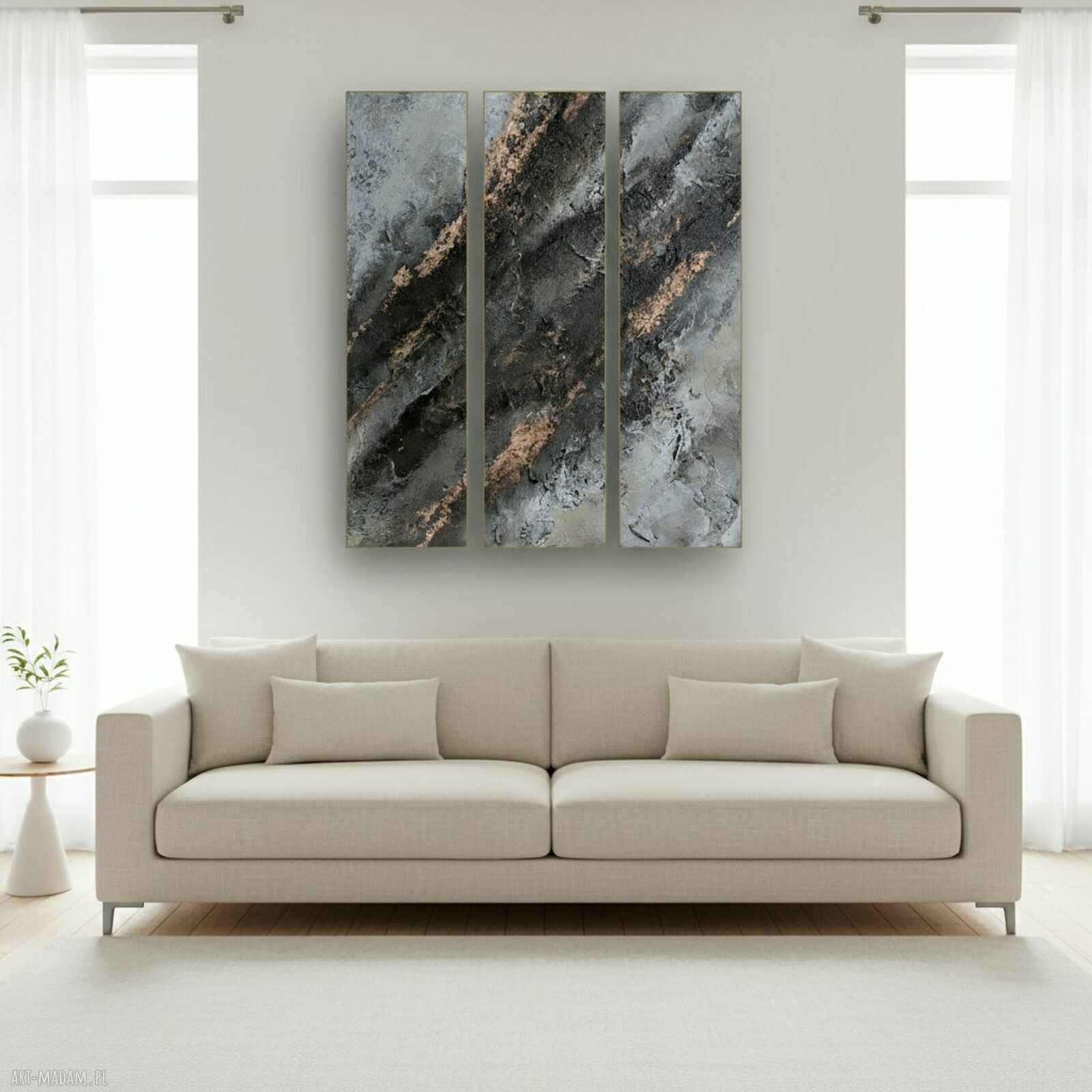 Tryptyk ręcznie malowany 120x90 cm - obraz strukturalny w abstrakcji brąz, beż i miedź