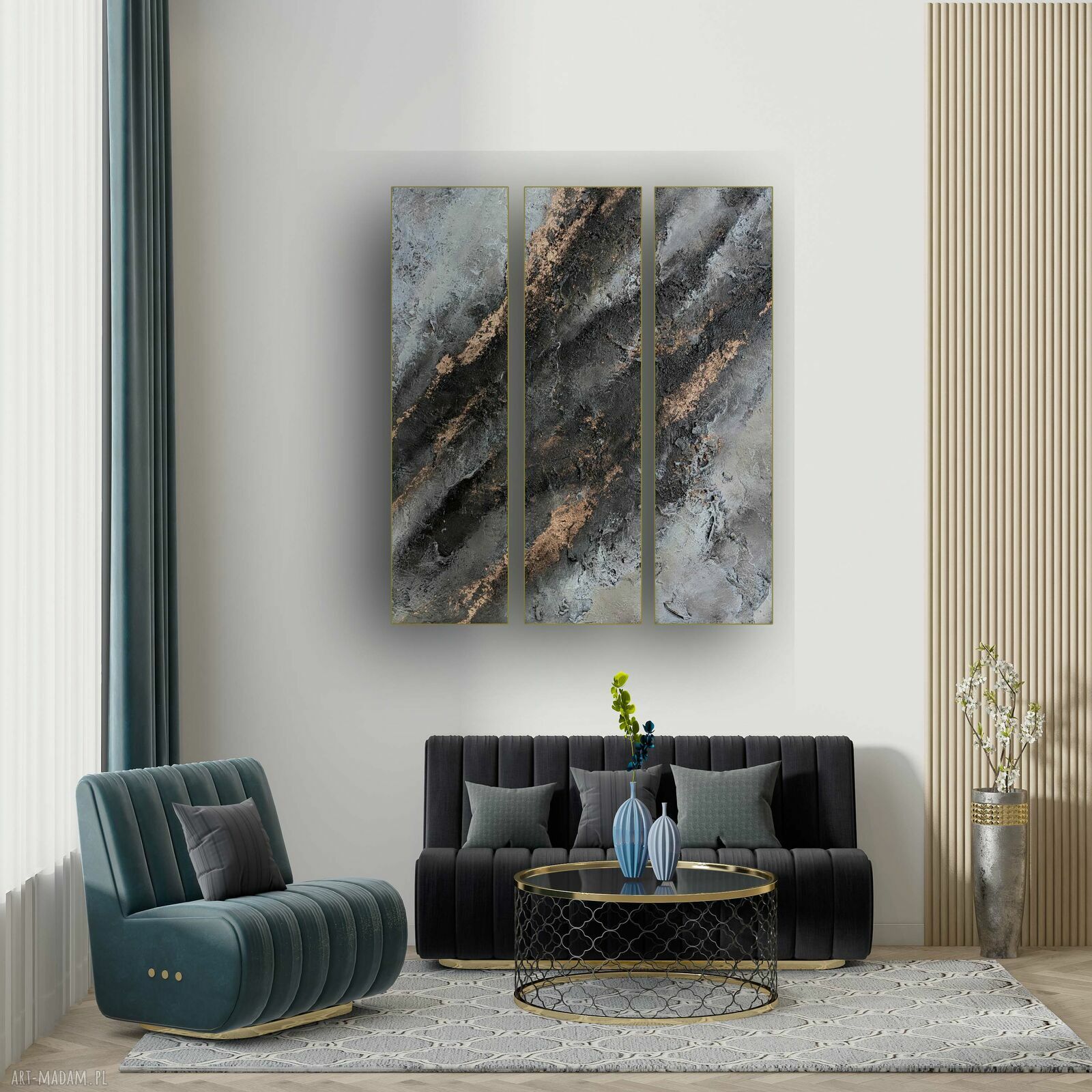 Tryptyk ręcznie malowany 120x90 cm - obraz strukturalny w abstrakcji brąz, beż i miedź