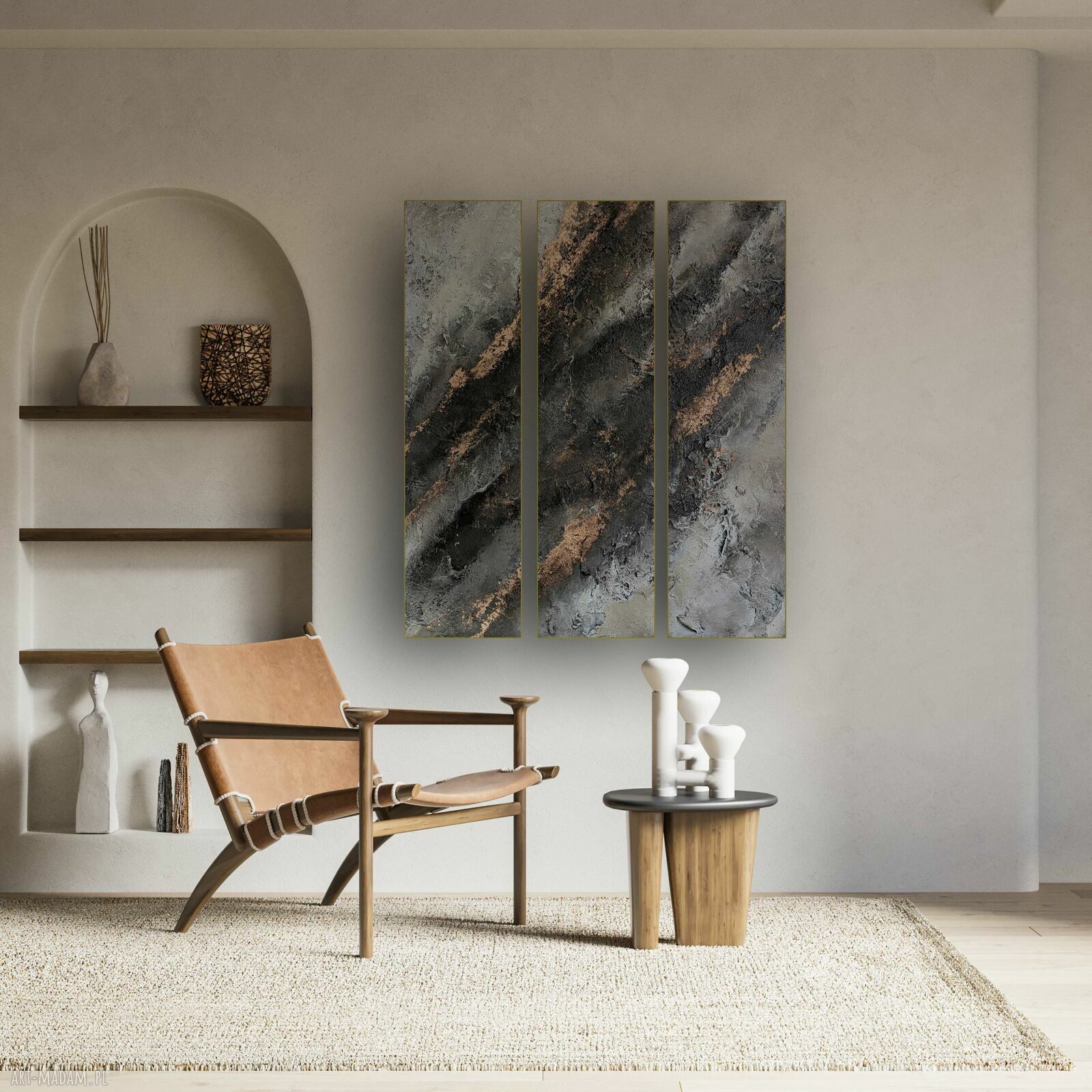 Tryptyk ręcznie malowany 120x90 cm - obraz strukturalny w abstrakcji brąz, beż i miedź