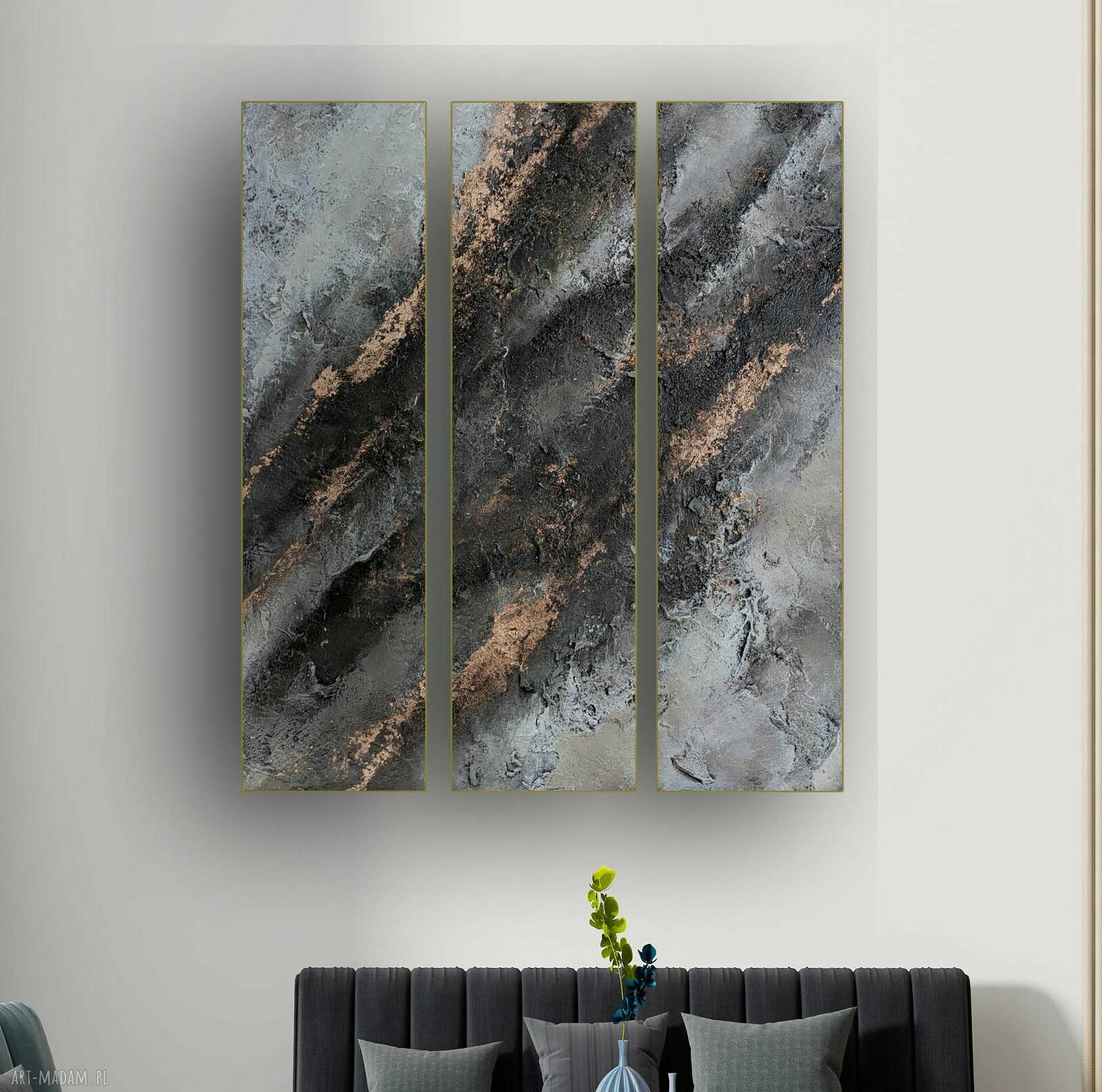 Tryptyk ręcznie malowany 120x90 cm - obraz strukturalny w abstrakcji brąz, beż i miedź