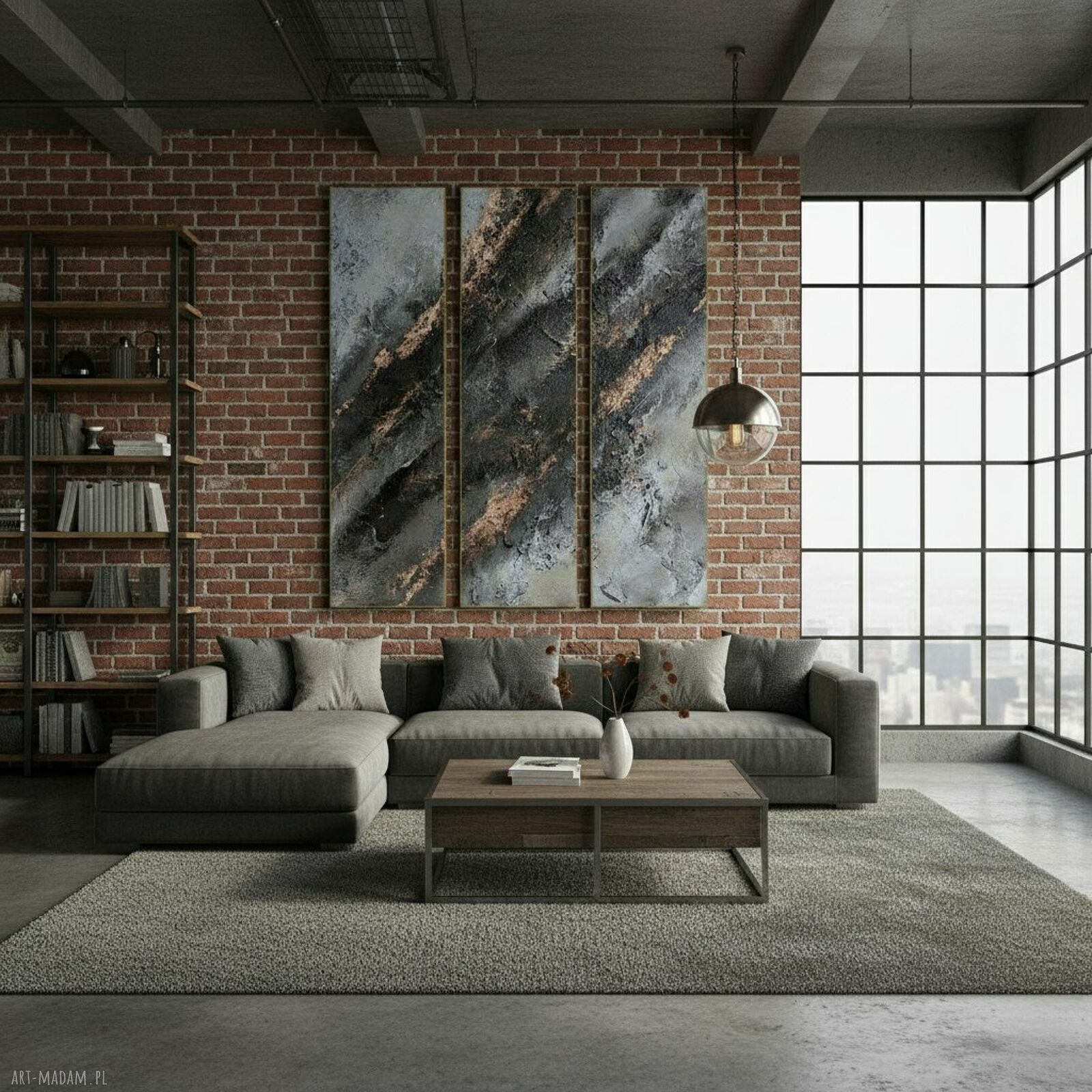 Tryptyk ręcznie malowany 120x90 cm - obraz strukturalny w abstrakcji brąz, beż i miedź