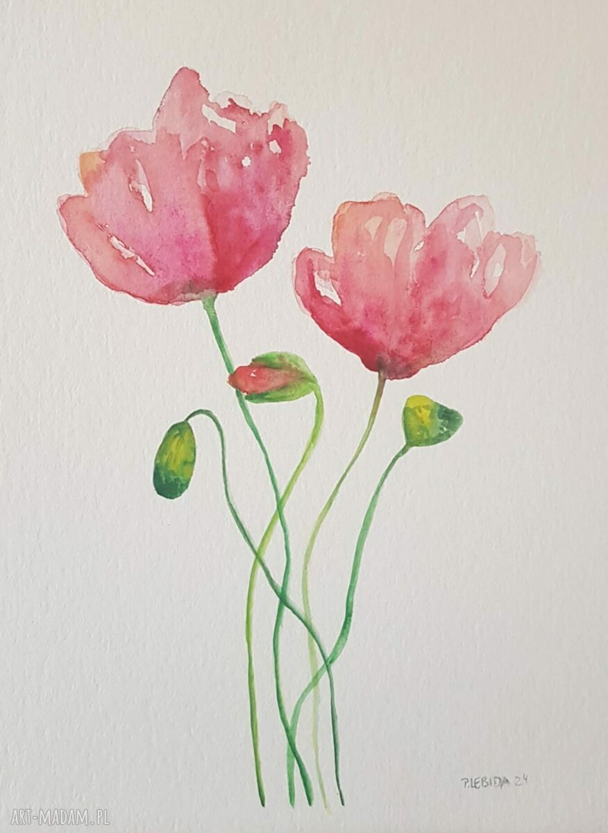 Trzy akwarele z kwiatami 32x24 cm - komplet sygnowany (bez oprawy)