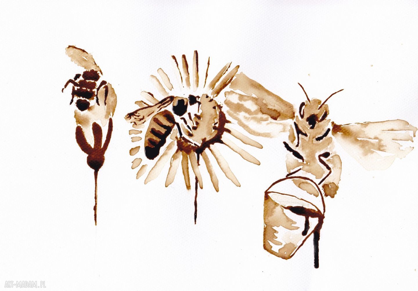 obrazy: Trzy pszczoły robotnice obraz kawą malowany autorskie