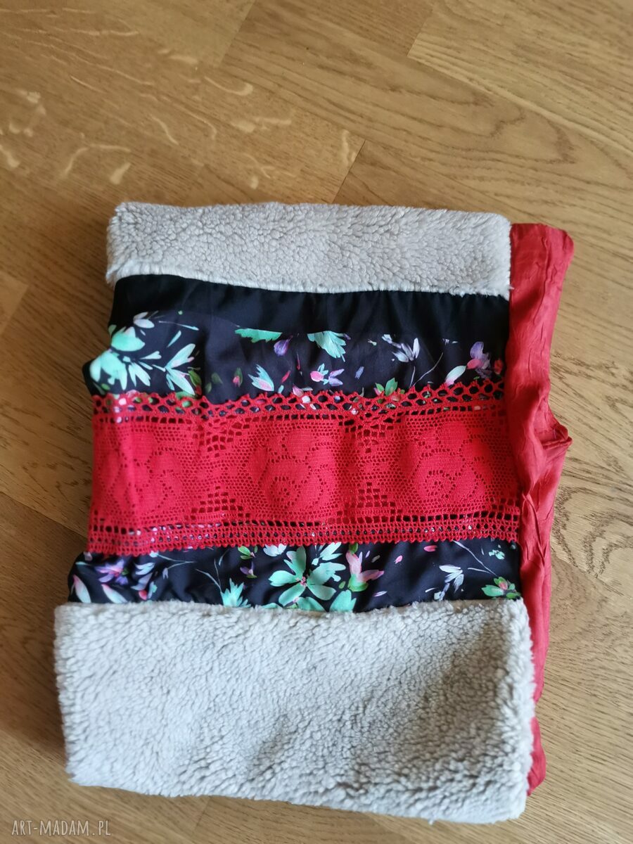 Kolorowy komin tuba folk boho z podszewką i sztucznym misiem - wciągany przez głowę