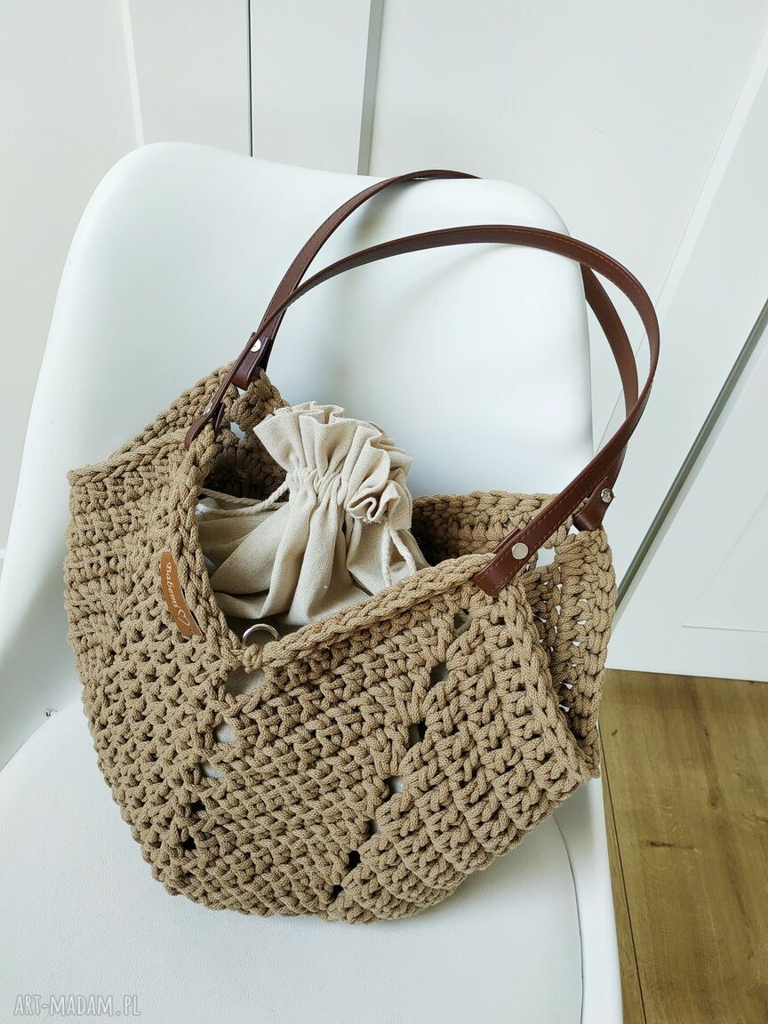 Torba Tulip Bag ze sznurka bawełnianego - ciemny beż boho na ramię (handmade)