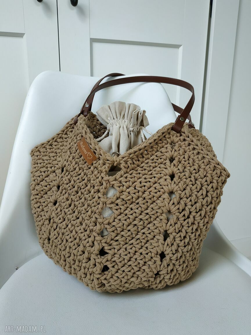 Torba Tulip Bag ze sznurka bawełnianego - ciemny beż boho na ramię (handmade)