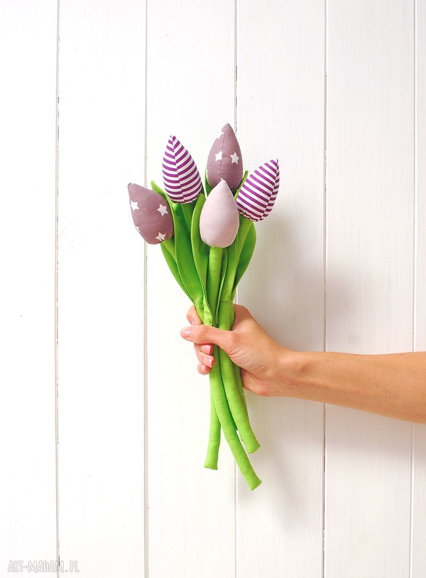 Fioletowe tulipany handmade - bukiet 5 szytych kwiatów