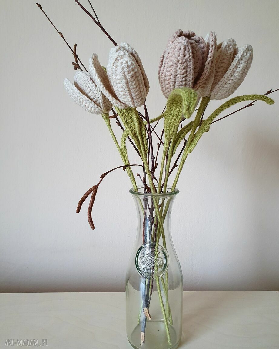 Tulipany na szydełku ecru i zieleń - sztuczne kwiaty do wazonu (handmade)