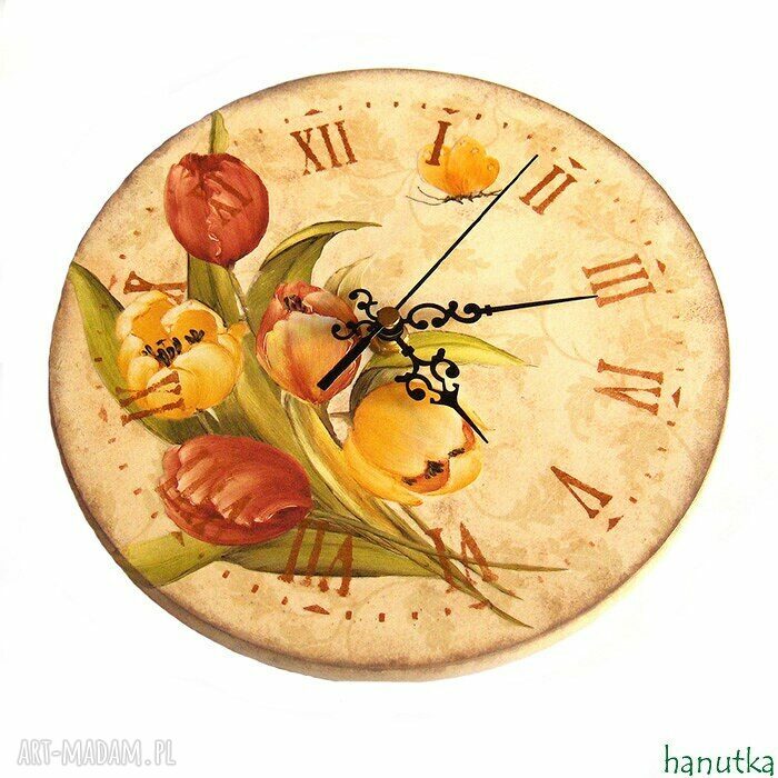 Tulipany - zegar decoupage z drewna bukowego, kremowy (22 cm)