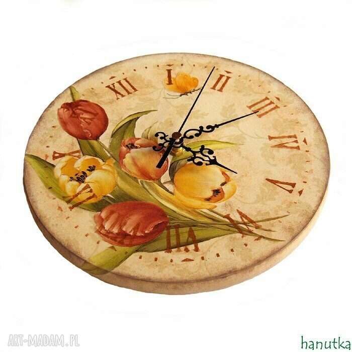 Tulipany - zegar decoupage z drewna bukowego, kremowy (22 cm)
