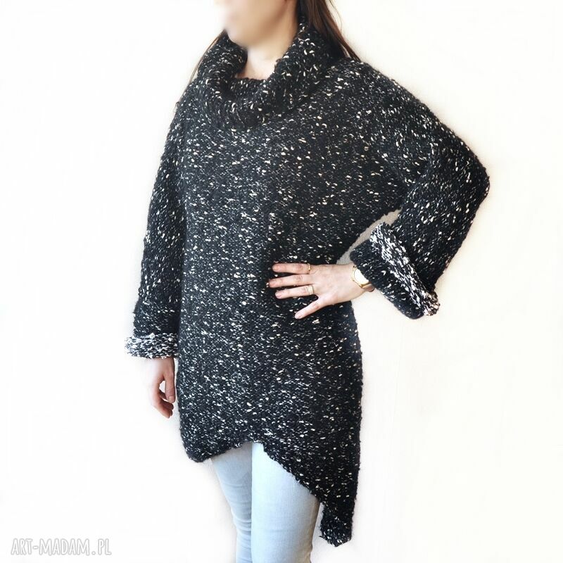 Asymetryczna tunika sweter handmade czarno-biała melanż