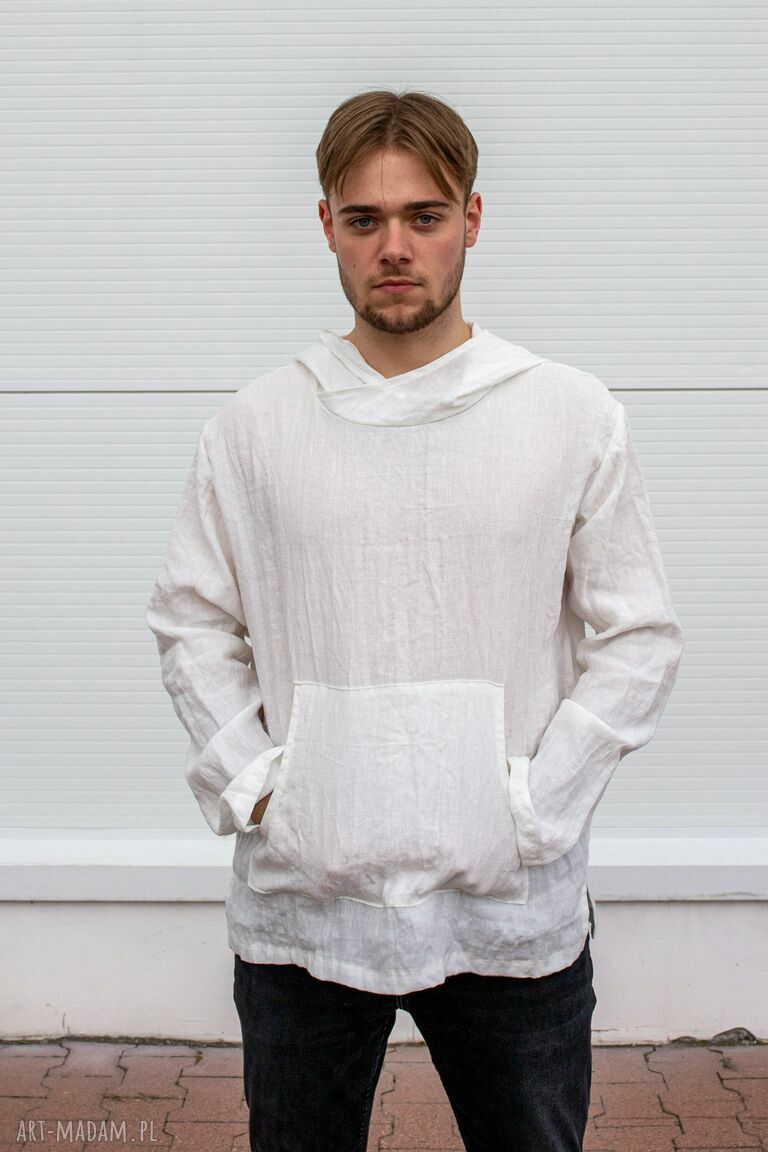 Biała lniana tunika-bluza z dużym kapturem - 100% polski len