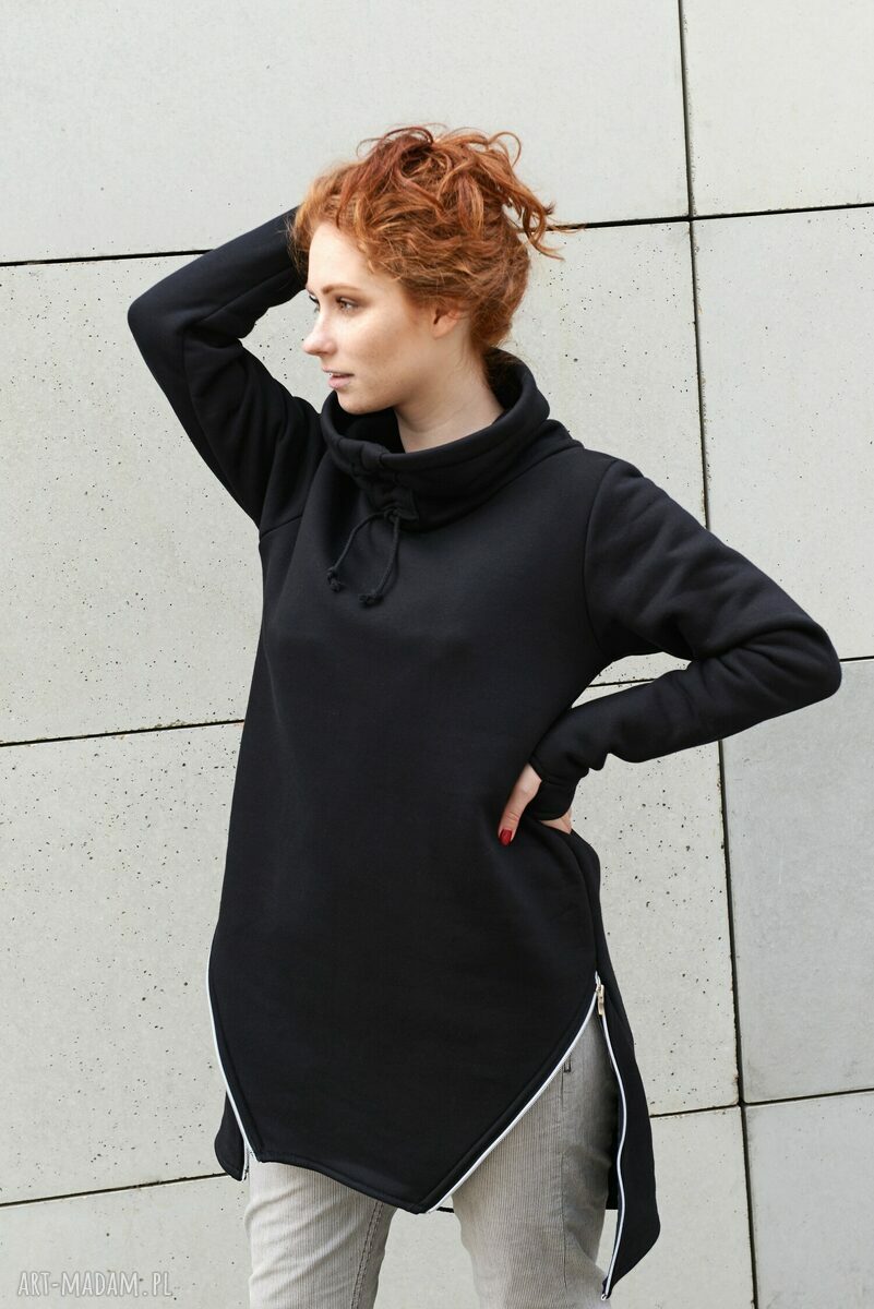 Czarna tunika-bluza z kominem i zamkami - handmade z dzianiny 90% bawełny