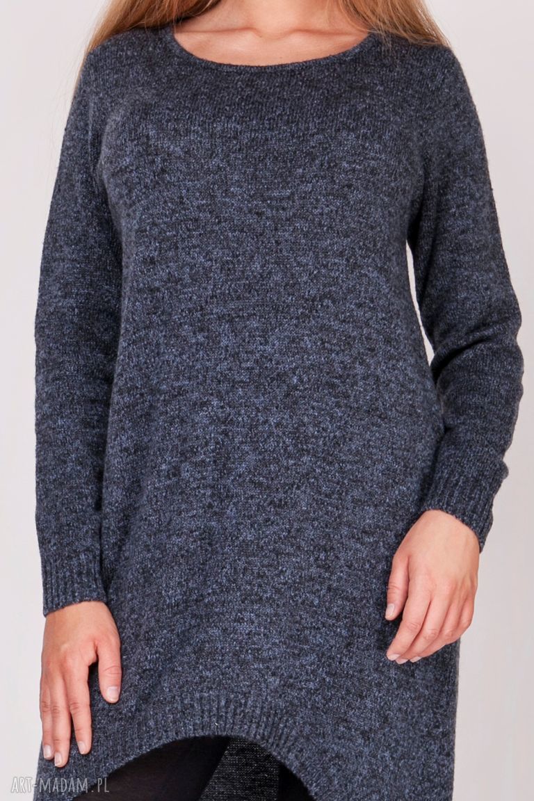 Asymetryczna tunika frak - długi sweter jeans melanż z rozcięciem