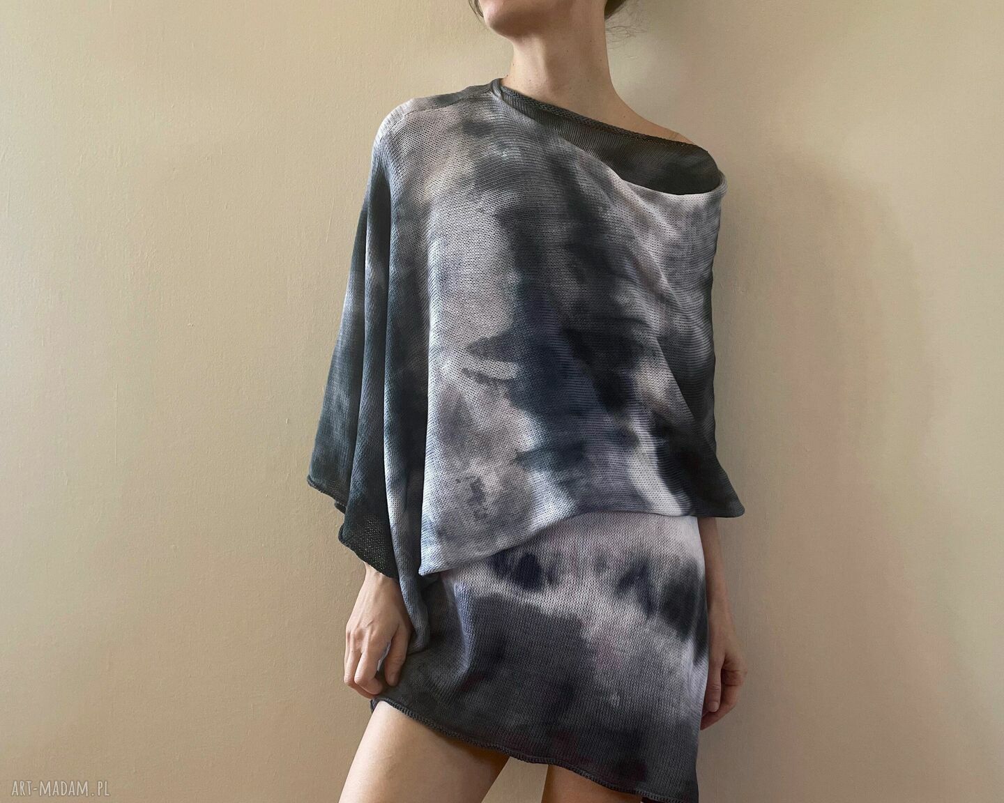 Tunika i narzutka bawełniana biel i grafit ręcznie barwiony komplet 100% bawełna (S XL)
