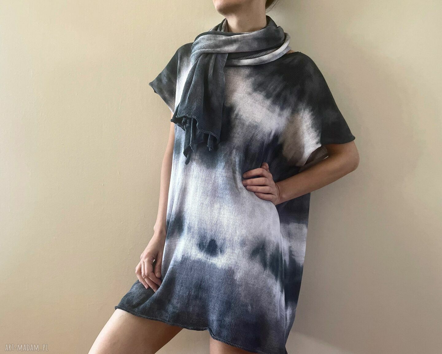 Tunika i narzutka bawełniana biel i grafit ręcznie barwiony komplet 100% bawełna (S XL)