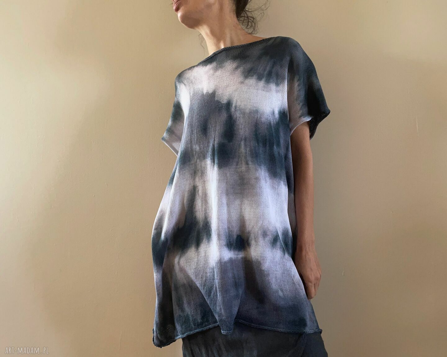 Tunika i narzutka bawełniana biel i grafit ręcznie barwiony komplet 100% bawełna (S XL)