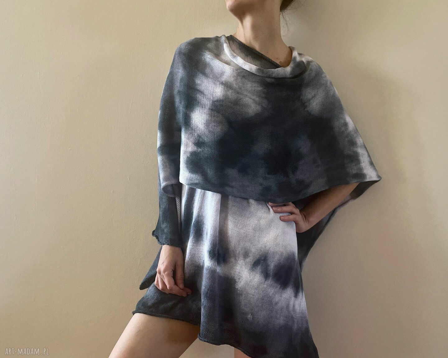 Tunika i narzutka bawełniana biel i grafit ręcznie barwiony komplet 100% bawełna (S XL)