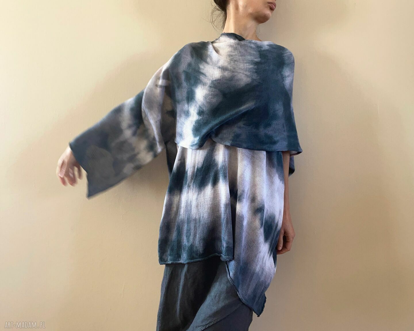 Tunika i narzutka bawełniana biel i grafit - ręcznie barwiony komplet 100% bawełna (S-XL)
