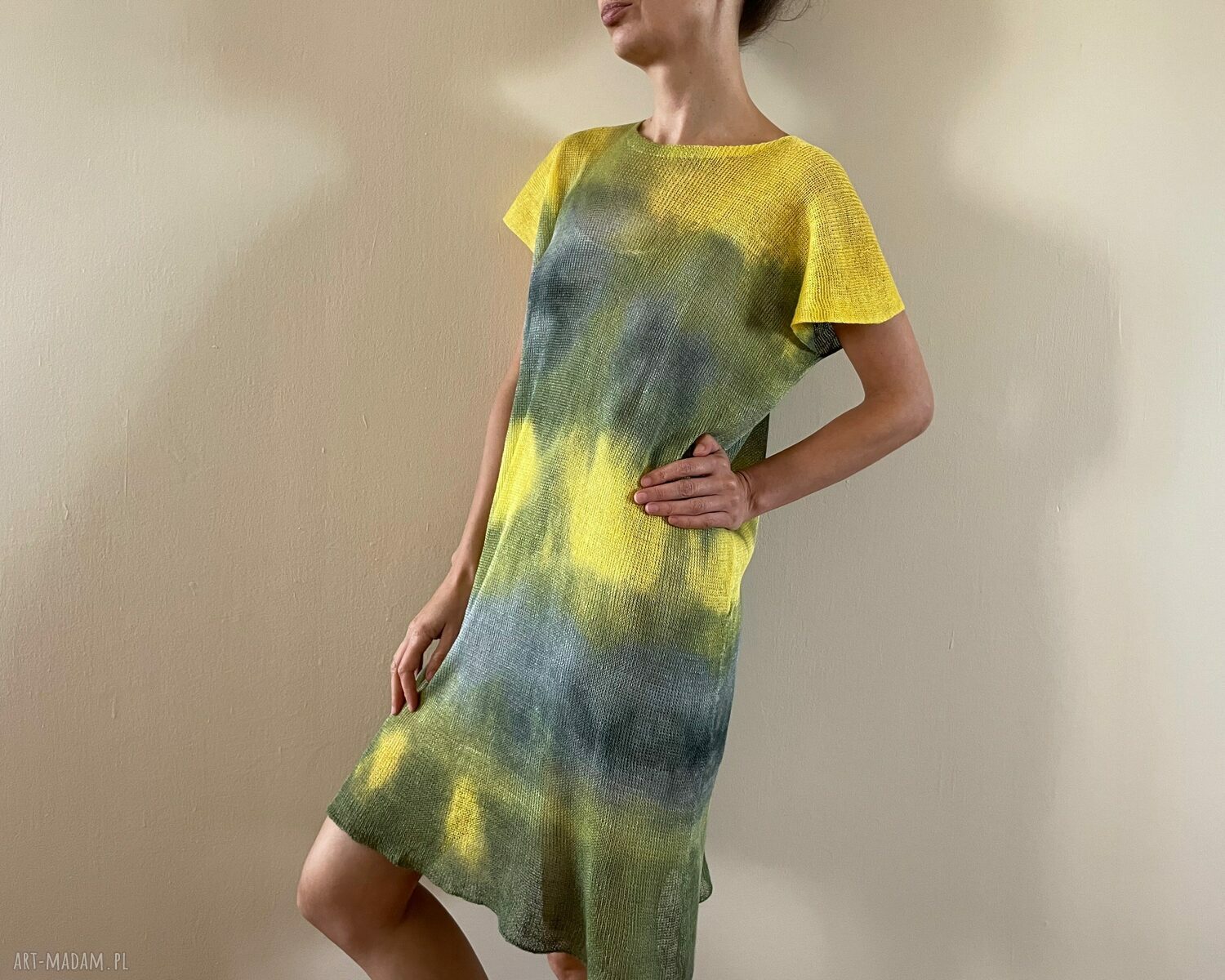 Lniana tunika żółto-szara one size - oversize S/M/L, 100% len
