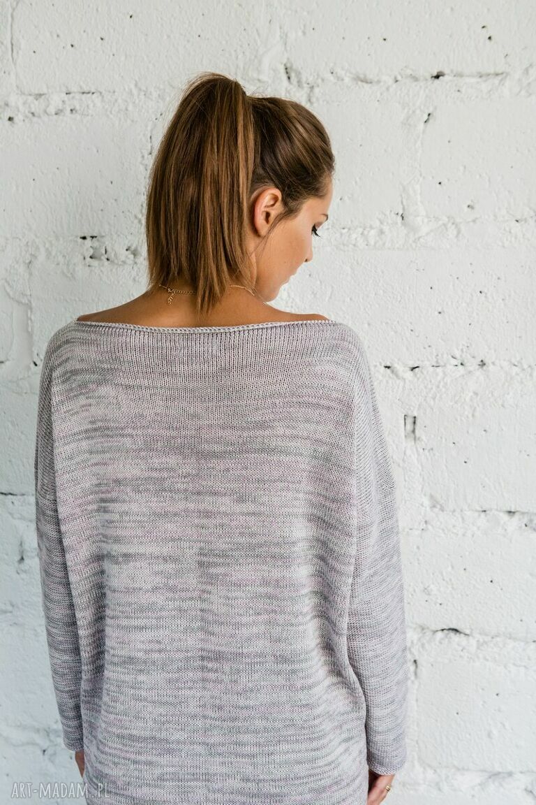 Tunika sweterek Hermina - oversize, melanż szarości i wrzos, handmade