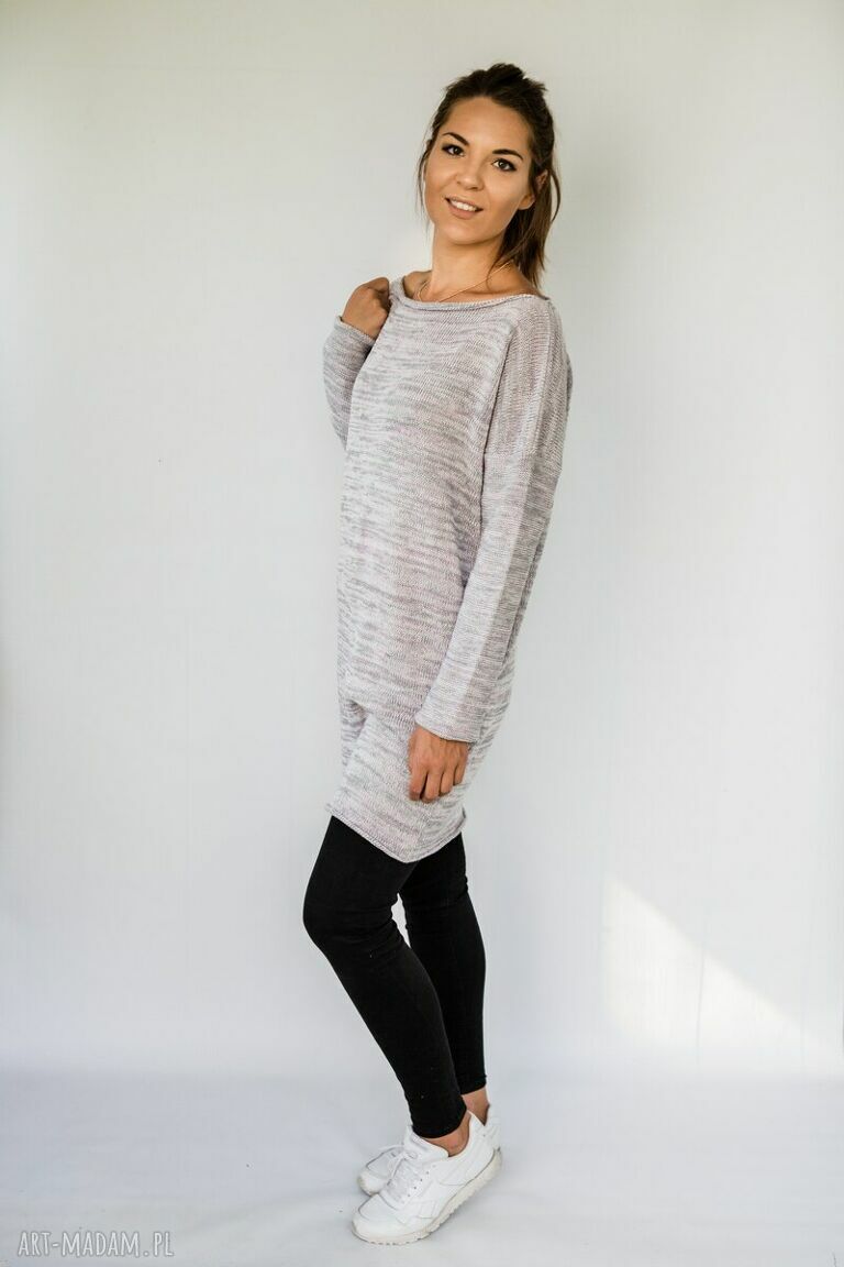 Tunika sweterek Hermina - oversize, melanż szarości i wrzos, handmade