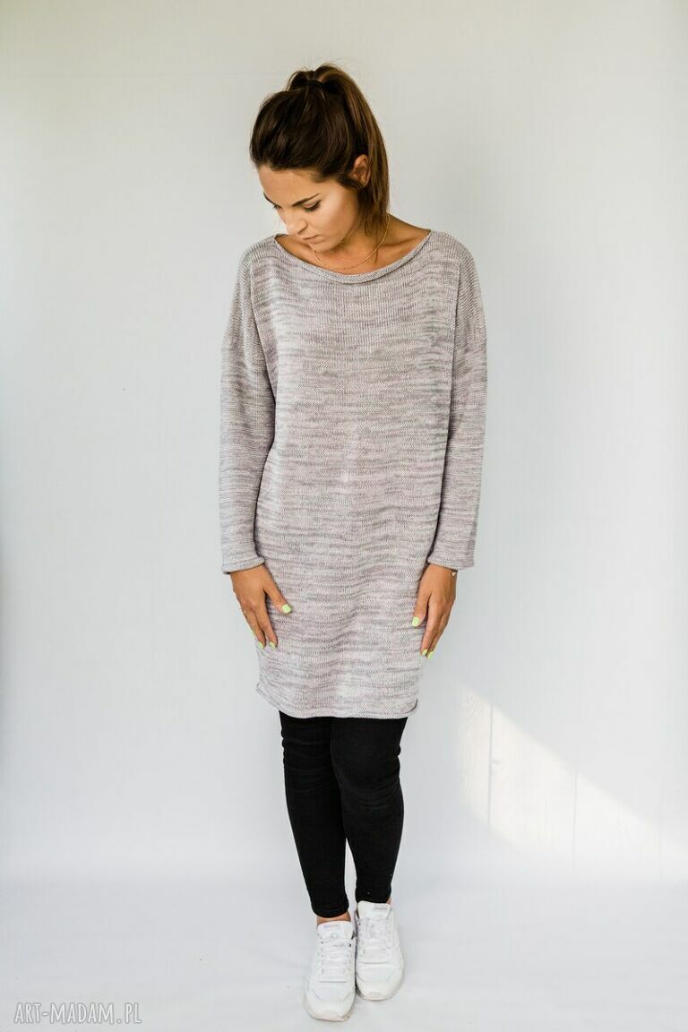 Tunika sweterek Hermina - oversize, melanż szarości i wrzos, handmade