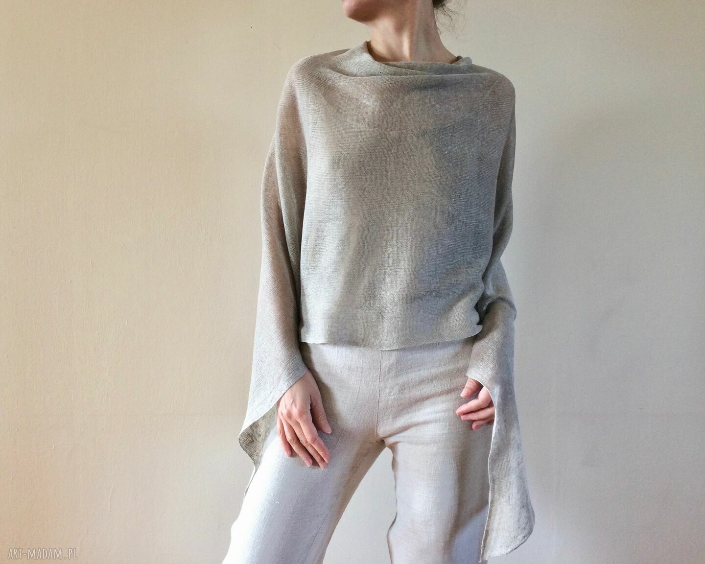 Ręcznie robione ponczo z naturalnego lnu lniana bluzka w stylu casual