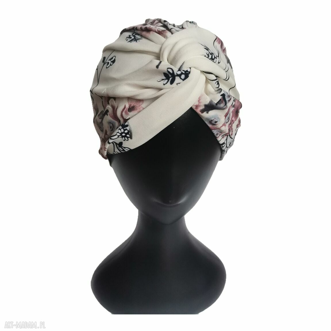 Ręcznie robiony turban damski biały w kwiaty - uniwersalny boho