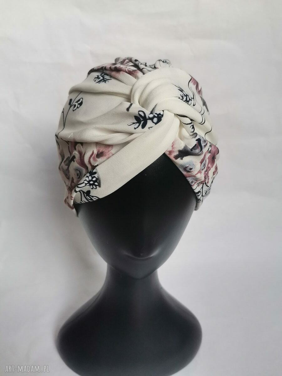 Ręcznie robiony turban damski biały w kwiaty - uniwersalny boho