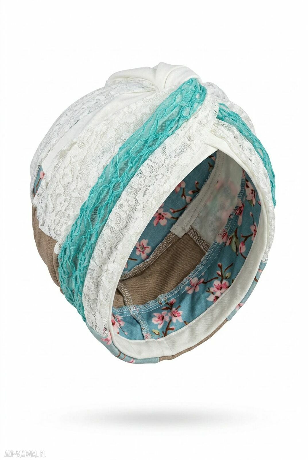 Turban boho z koronką, szyty z różnych materiałów - unikalny egzemplarz