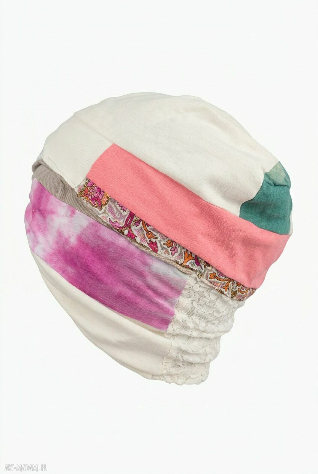 Turban boho z koronką, szyty z różnych materiałów - unikalny egzemplarz