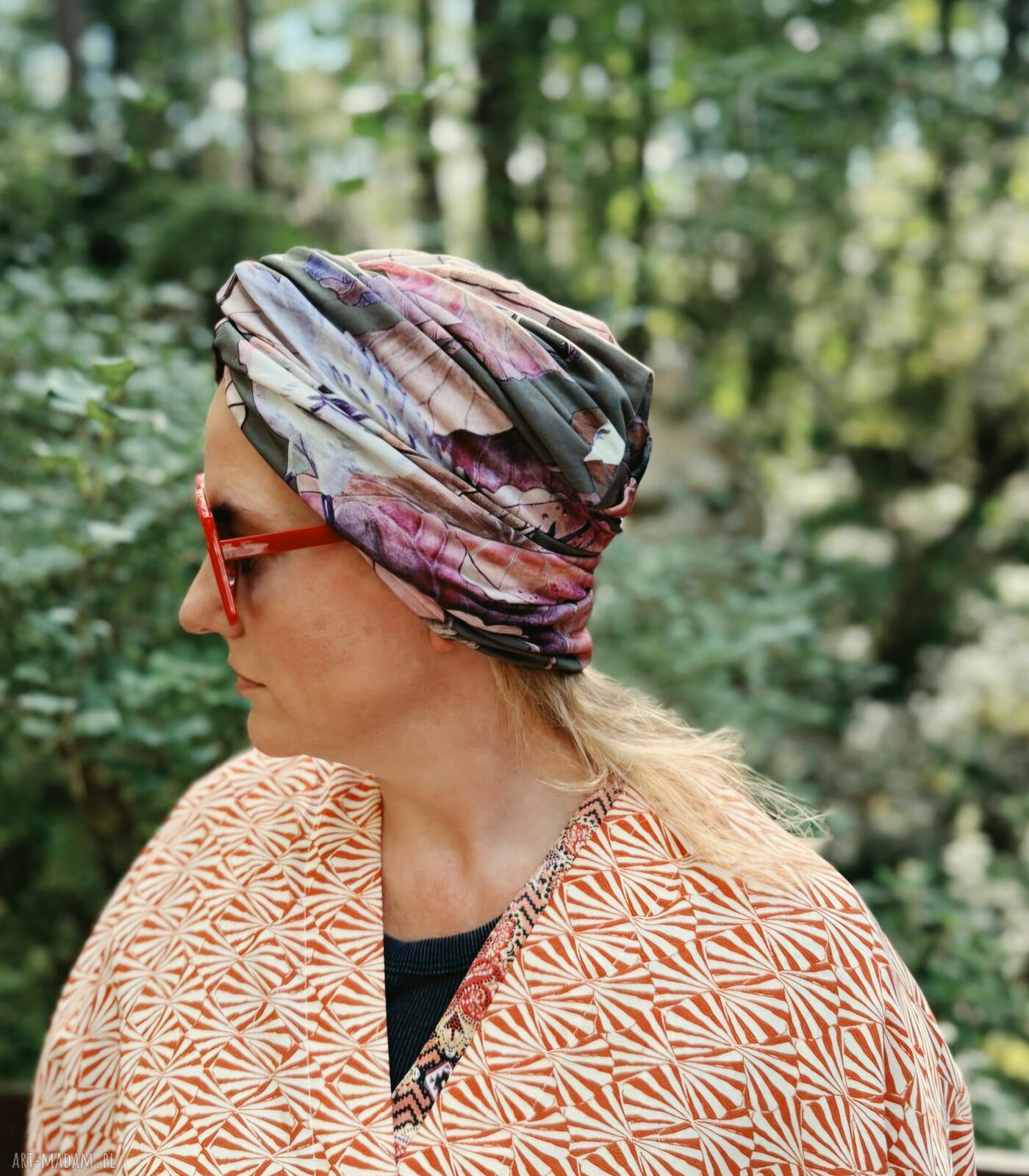 Turban damski boho w kwiaty - miękki i wygodny