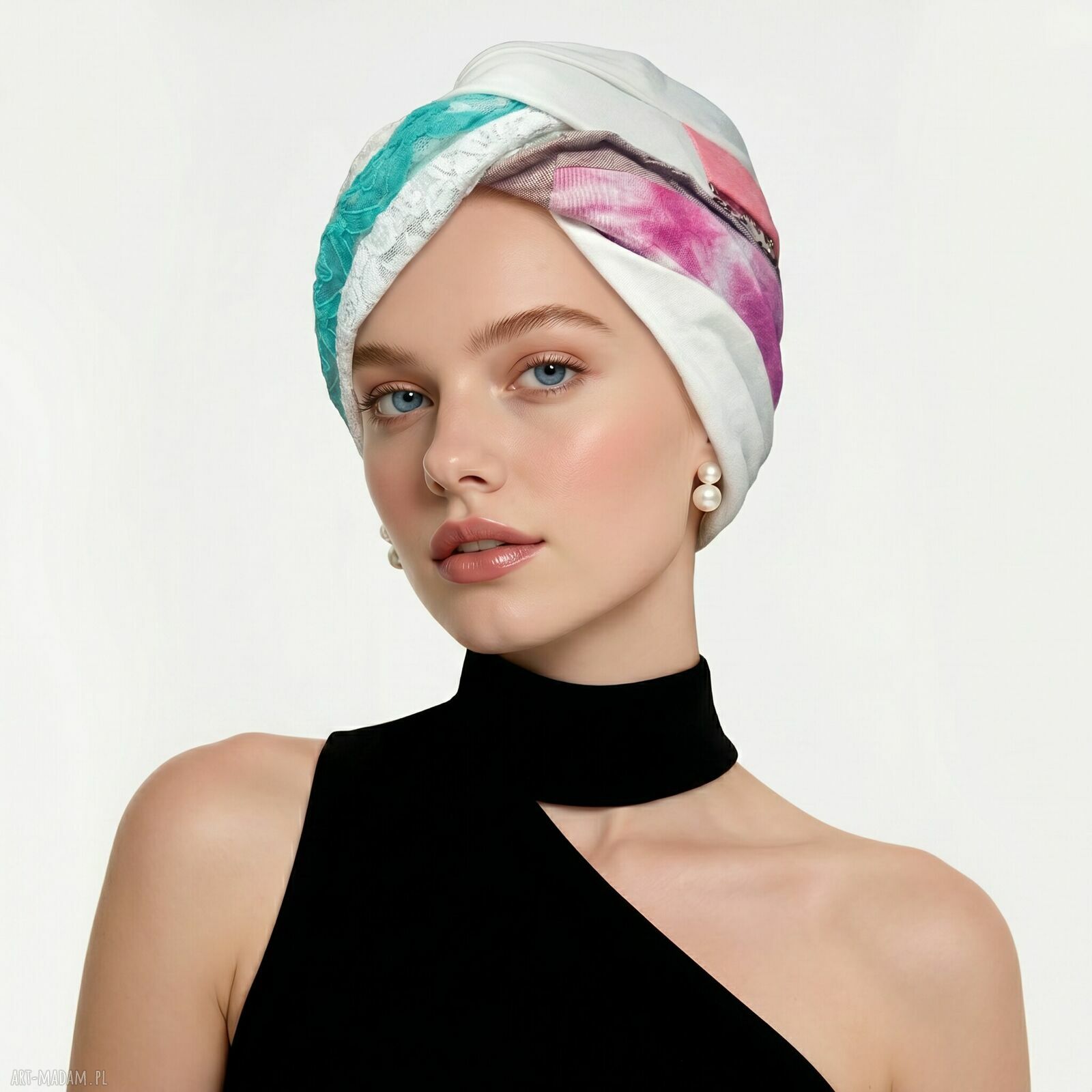 Turban boho z koronką, szyty z różnych materiałów - unikalny egzemplarz