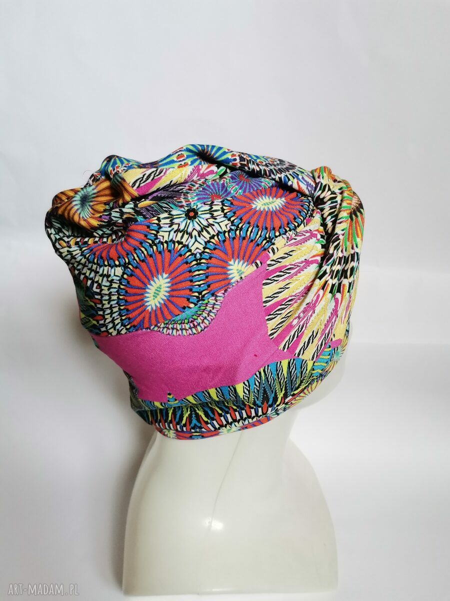 Turban dzianinowy uniwersalny w stylu folk i boho - ręcznie robiony