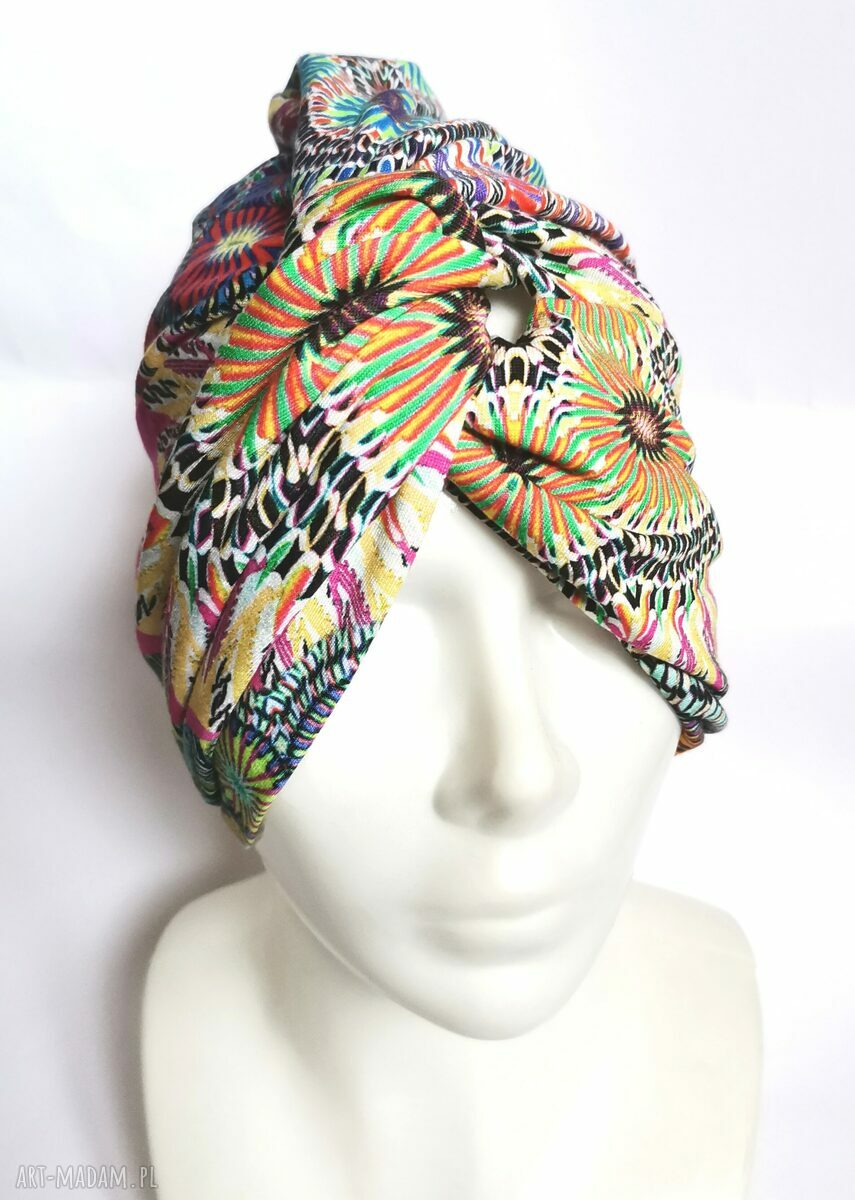 Turban dzianinowy uniwersalny w stylu folk i boho - ręcznie robiony