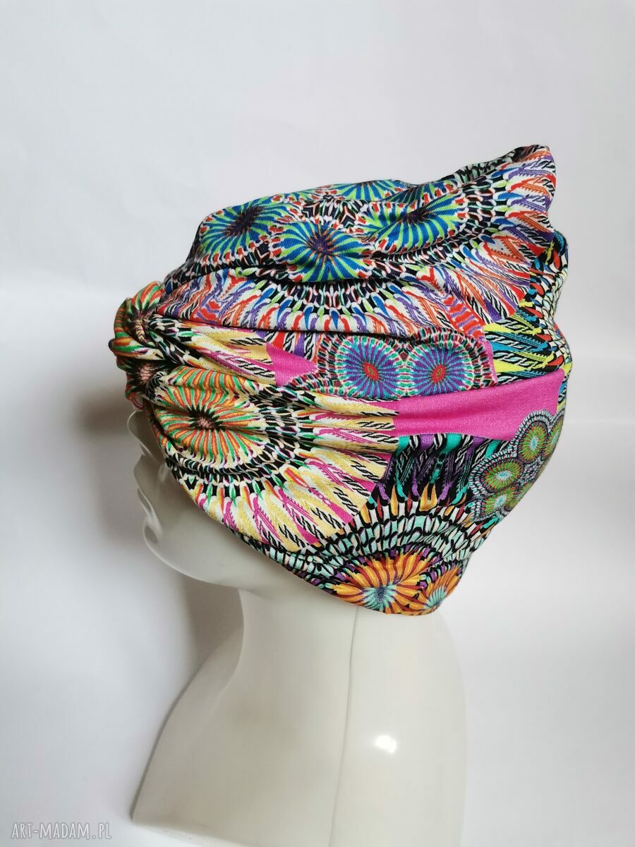 Turban dzianinowy uniwersalny w stylu folk i boho - ręcznie robiony
