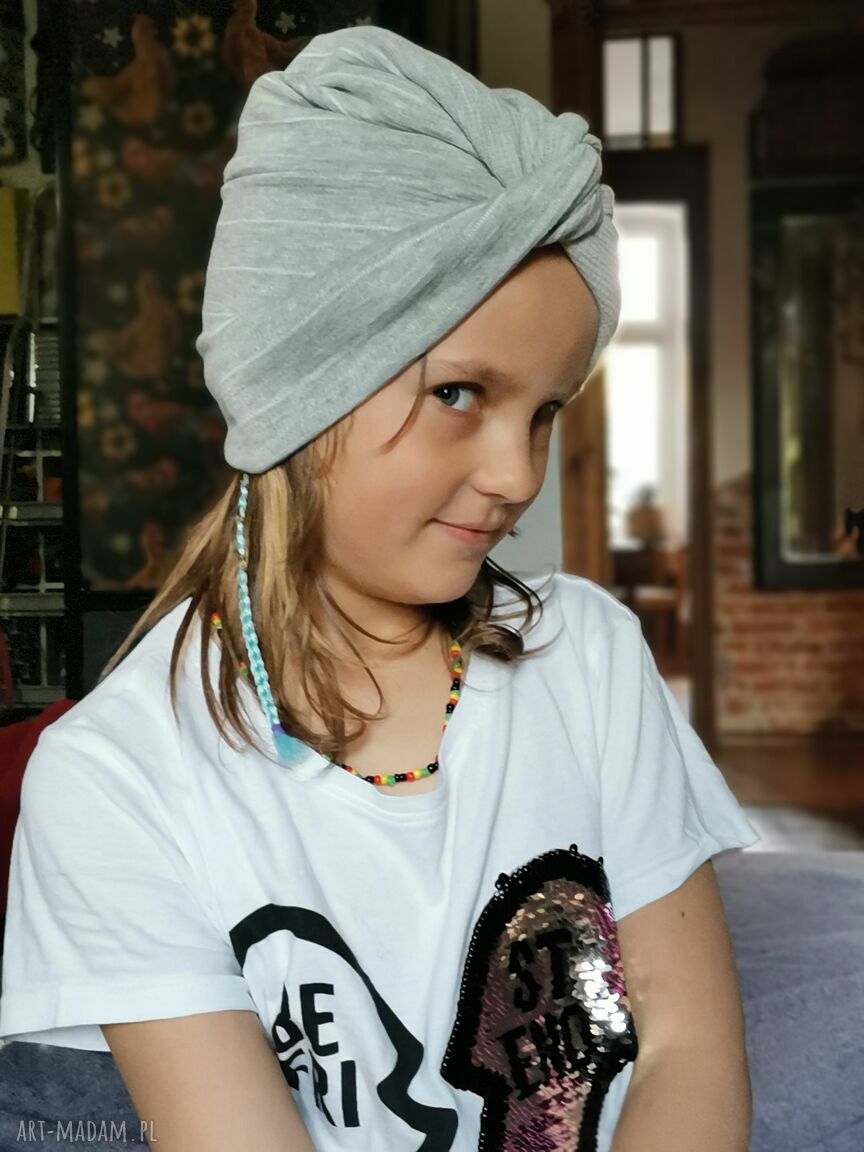 Turban dziecięcy szary na co dzień dla dziewczynki 5-7 lat