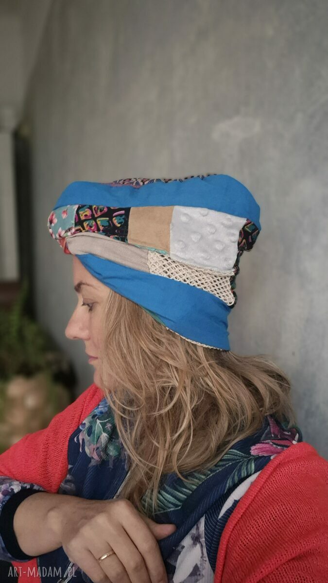 Kolorowy turban damski na podszewce - patchworkowo szyty