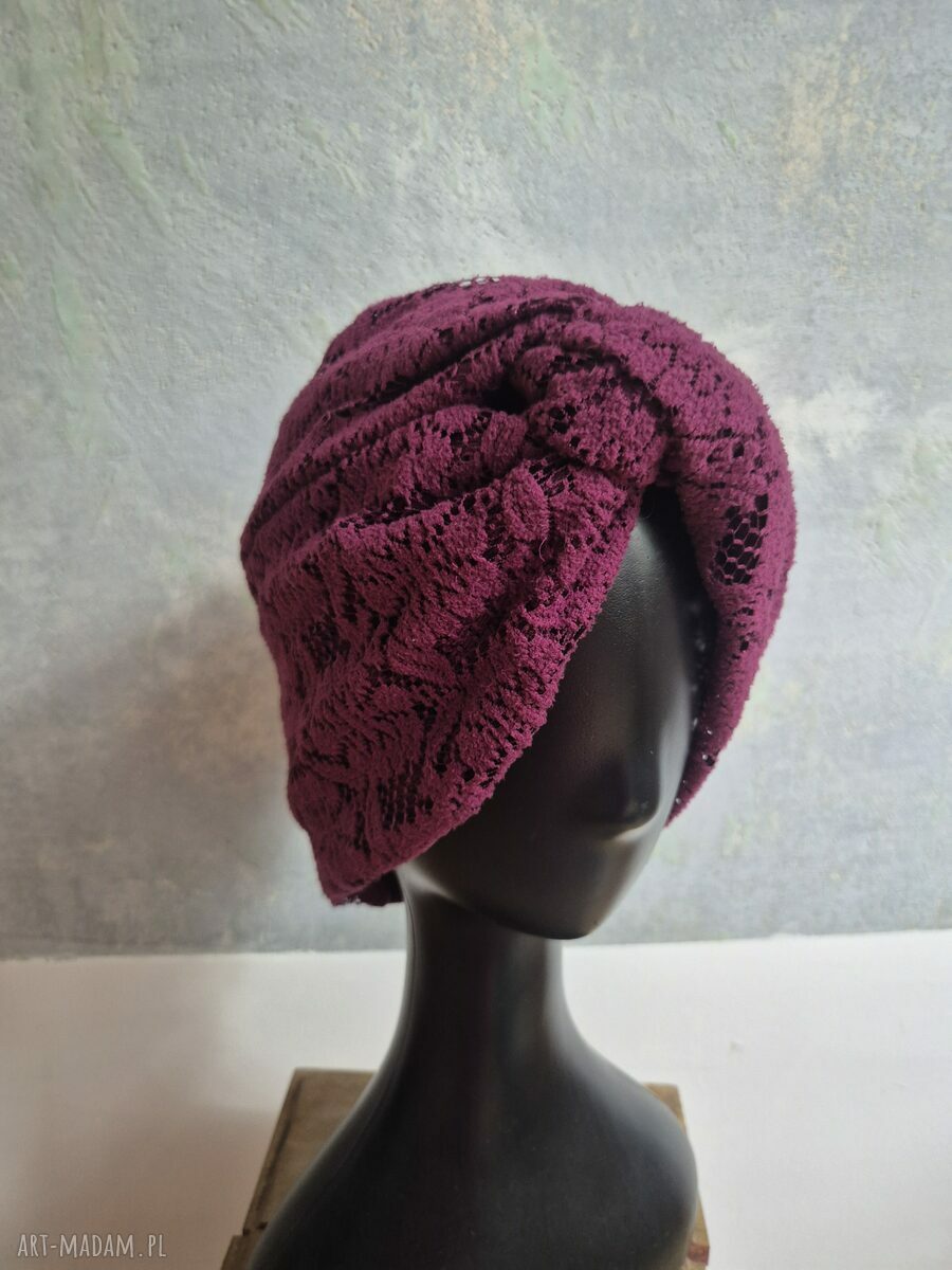 Turban boho etno - fioletowo-bordowy patchwork, uniwersalny rozmiar