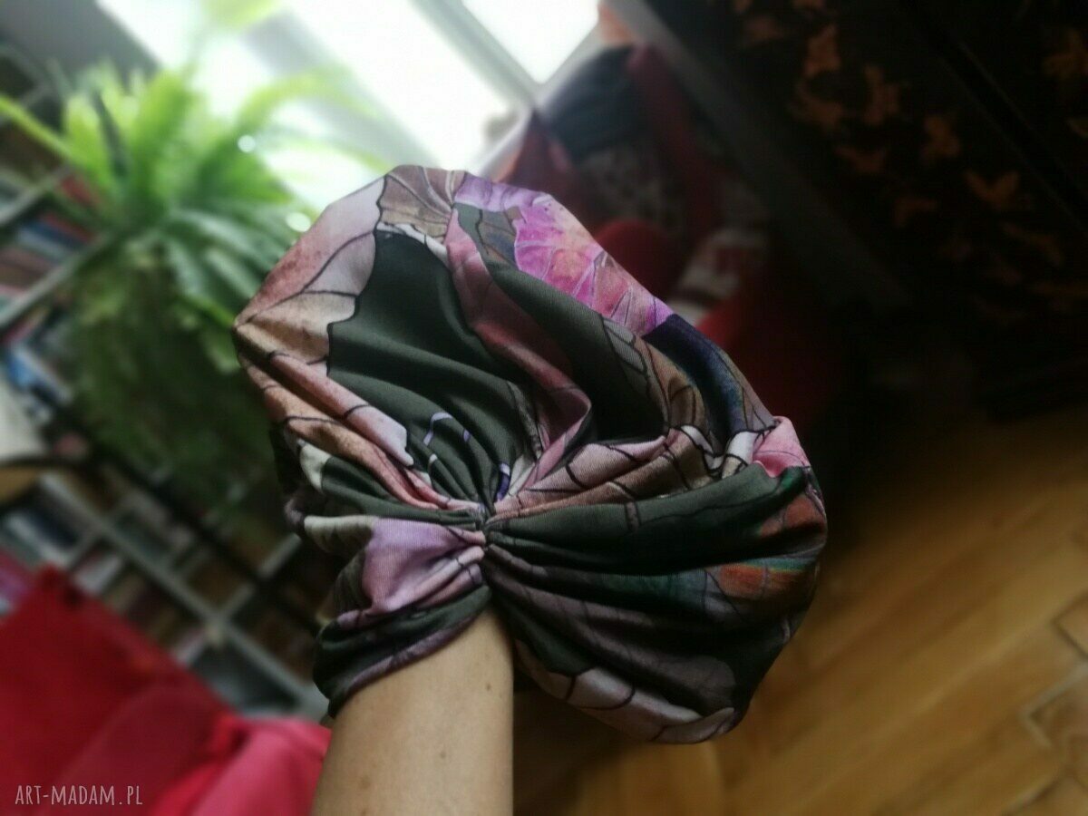 Kolorowy turban handmade - boho i etno w kwiatach, rozmiar uniwersalny